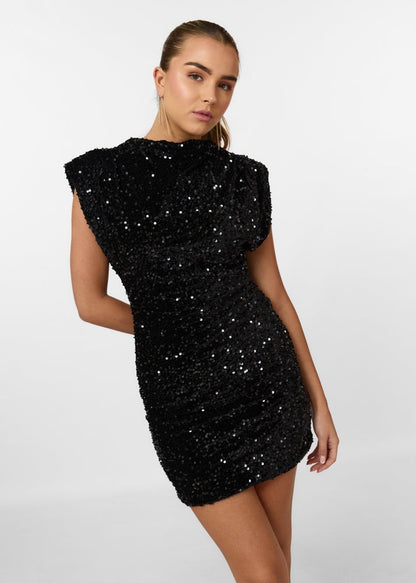 Zalenya - Shoulder Padded Sequins Mini Dress