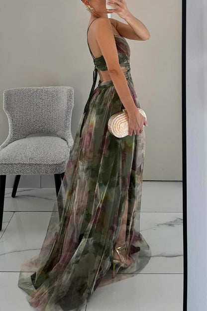 Eirith - Elegant Printed Lace-Up Maxi Dress