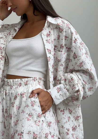 Arlithra - Floral Print Shirt & Shorts Two-Piece Set