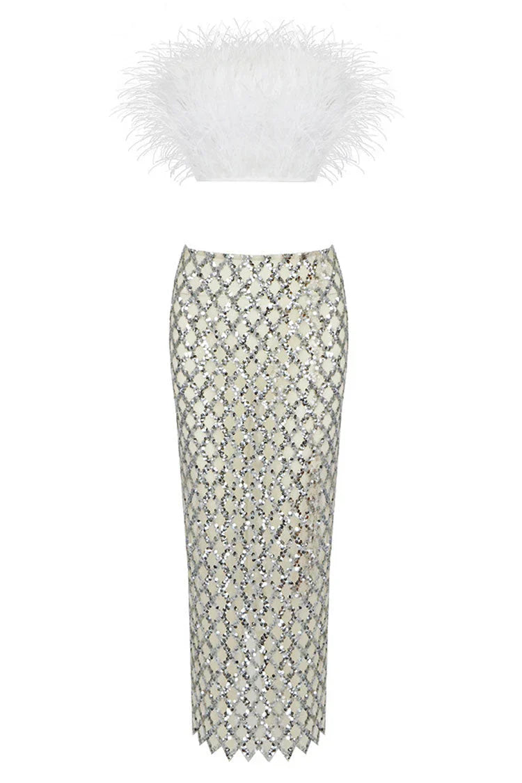 Loretta - Fur Top & Shiny Sequins Skirt Two-Piece Set