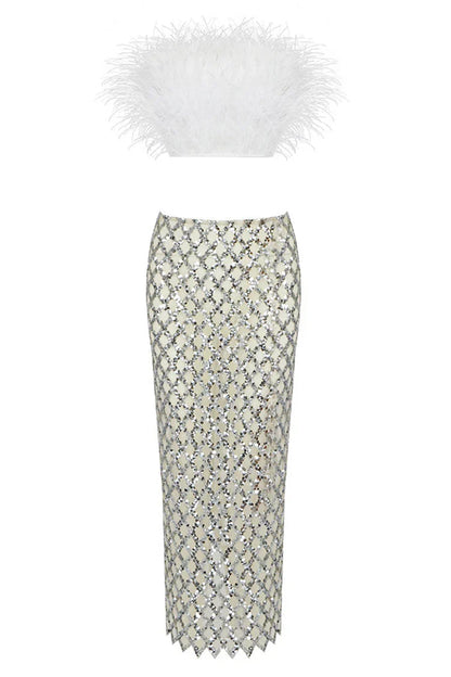 Loretta - Fur Top & Shiny Sequins Skirt Two-Piece Set