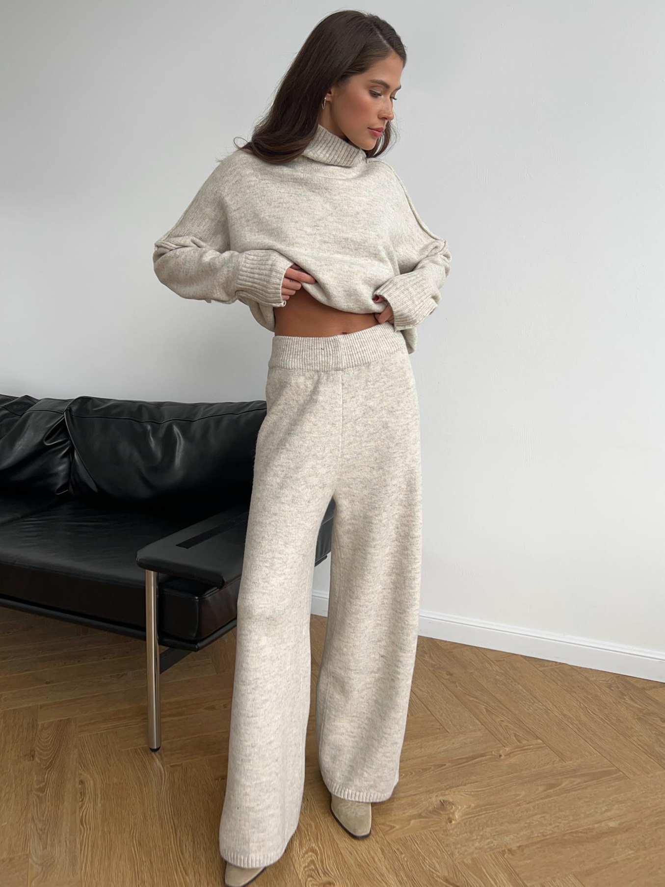 Aryndel - Oversized Turtle-Neck Knitted Two-Piece Set